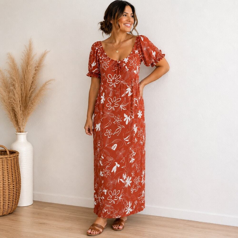 Workshop Rust Floral Puff Sleeve Smocked Back Maxi Dress Sz L